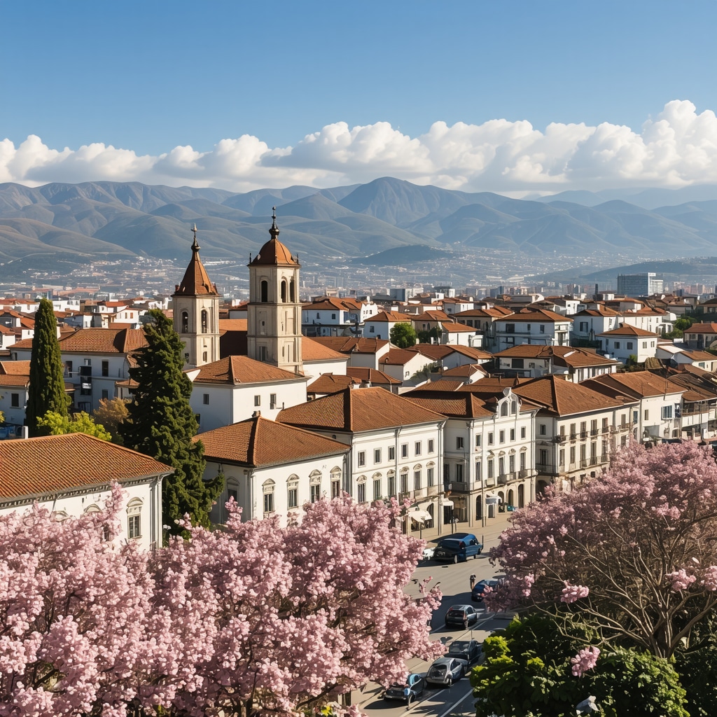 Historic buildings and lively streets of Bitola with mountain backdrop in spring