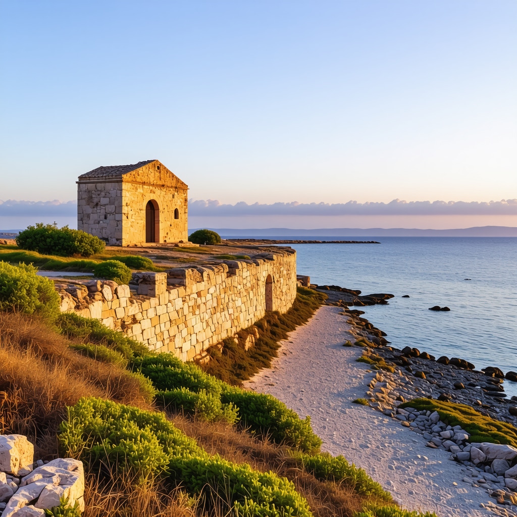 View of Nin's historic ruins and sandy beaches with Adriatic Sea at sunset