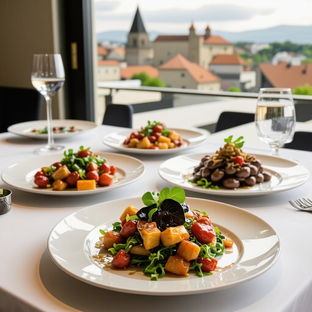 Modern dining table in Arad with traditional dishes and historic city backdrop