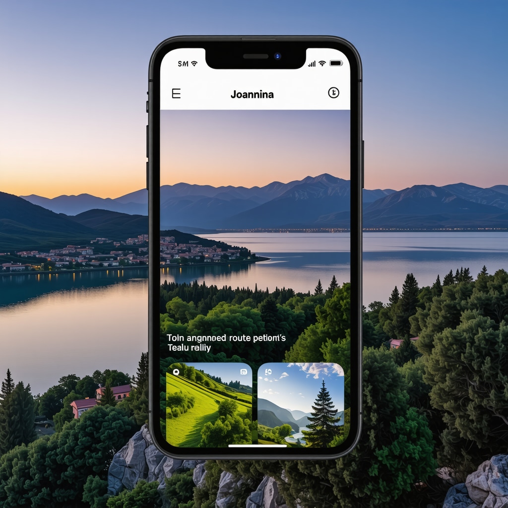 Interfață de aplicație mobilă pentru turism sustenabil în Ioannina cu peisaj lac și munți la apus