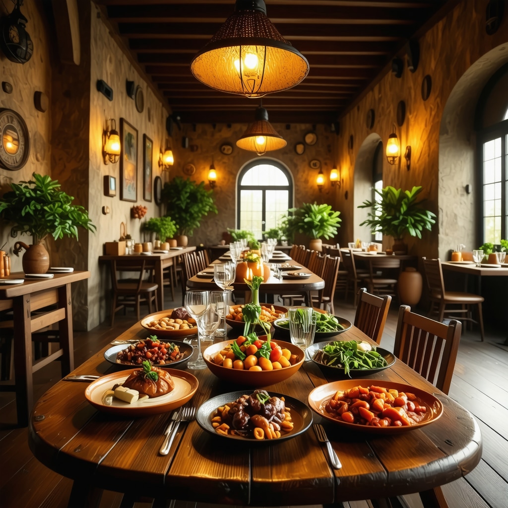 Traditional Romanian restaurant interior featuring wooden decor and authentic dishes