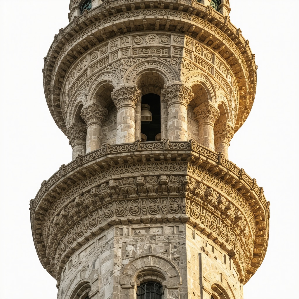 Close-up of stone carvings and woodwork on historic mosque minaret in Novi Pazar during sunset
