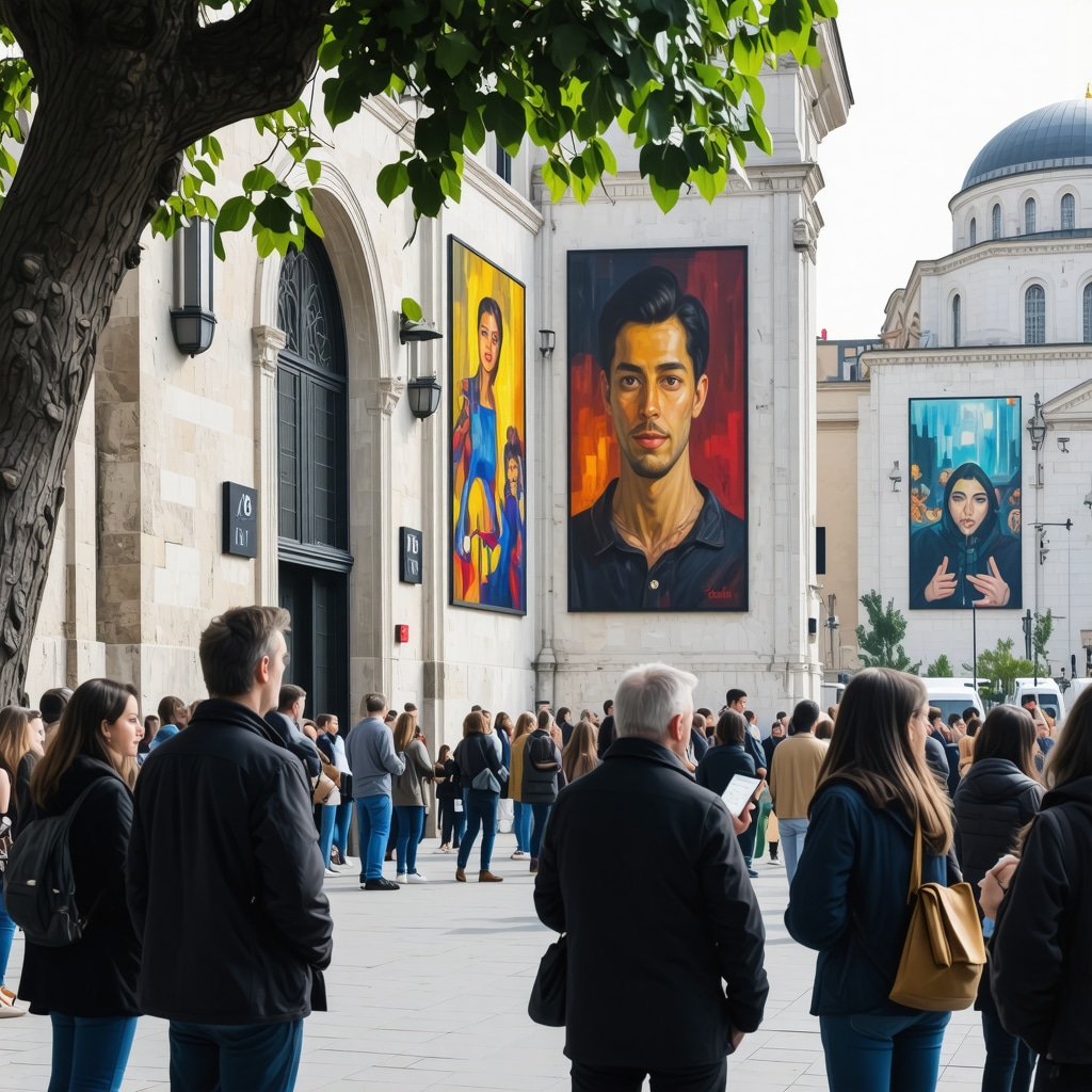 Street view of Istanbul showing historic buildings, modern art, and tourists using mobile technology