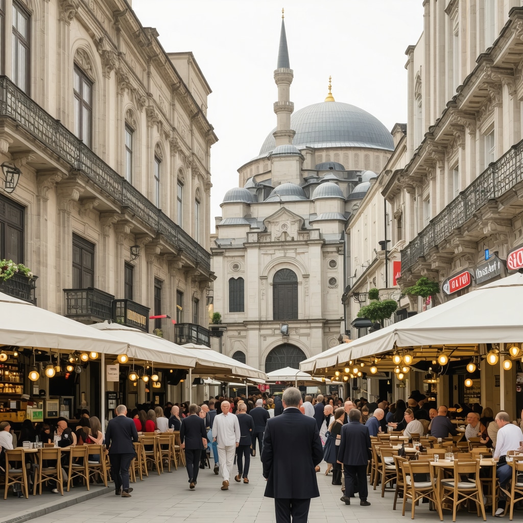 A lively Istanbul street with Ottoman and modern buildings, people enjoying cafes and markets