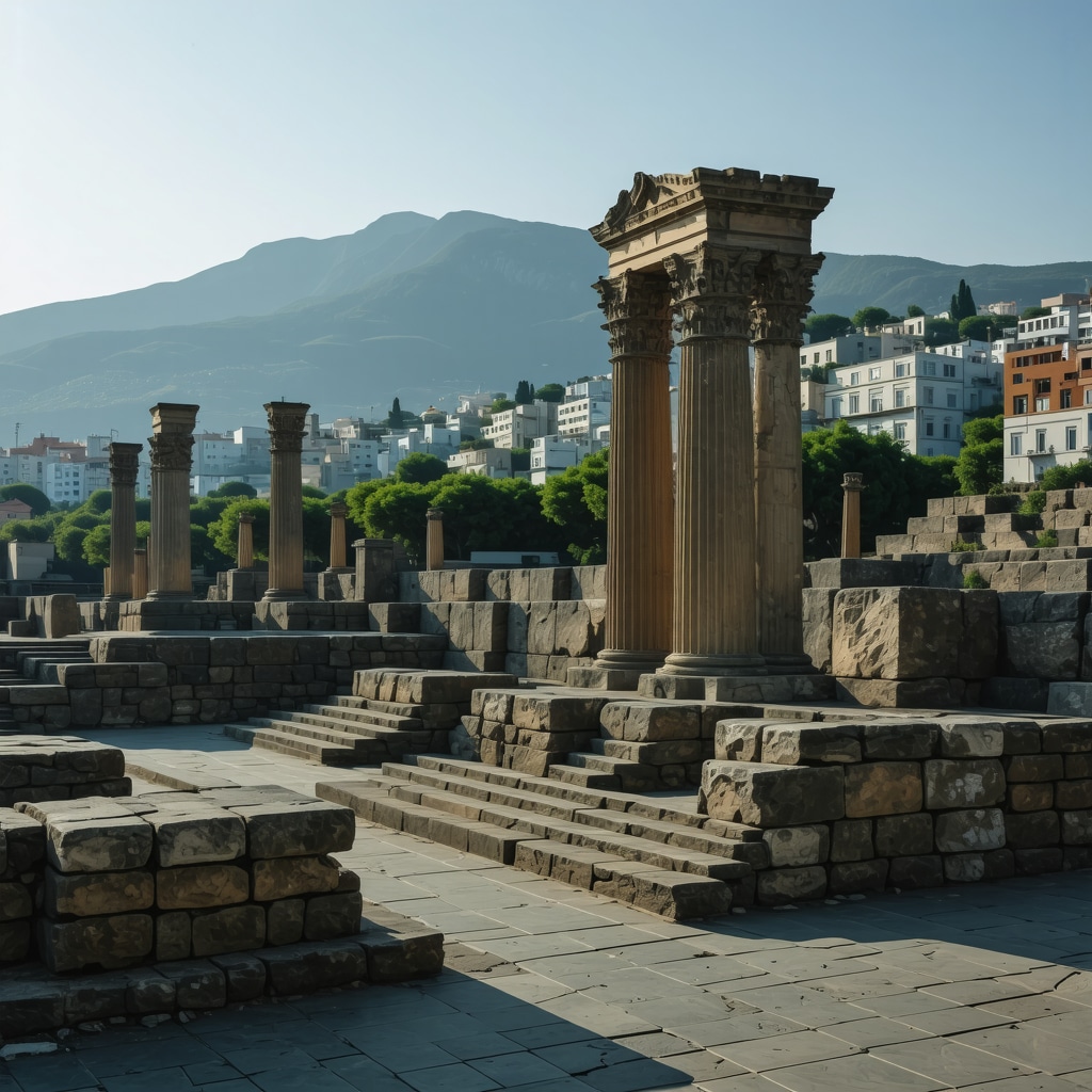 Izmir cityscape showing ancient ruins alongside modern technology and cultural festival activities
