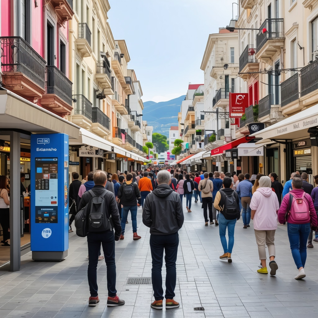 Street scene in Izmir showing traditional markets alongside modern digital kiosks and diverse people