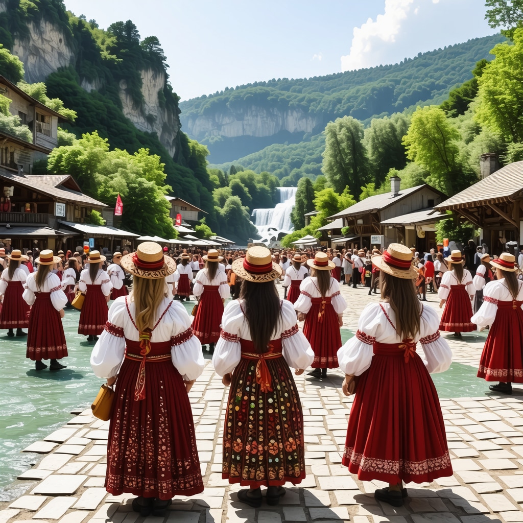 Colorful festival in Jajce with traditional costumes, modern art, waterfall in background, and sustainable decor