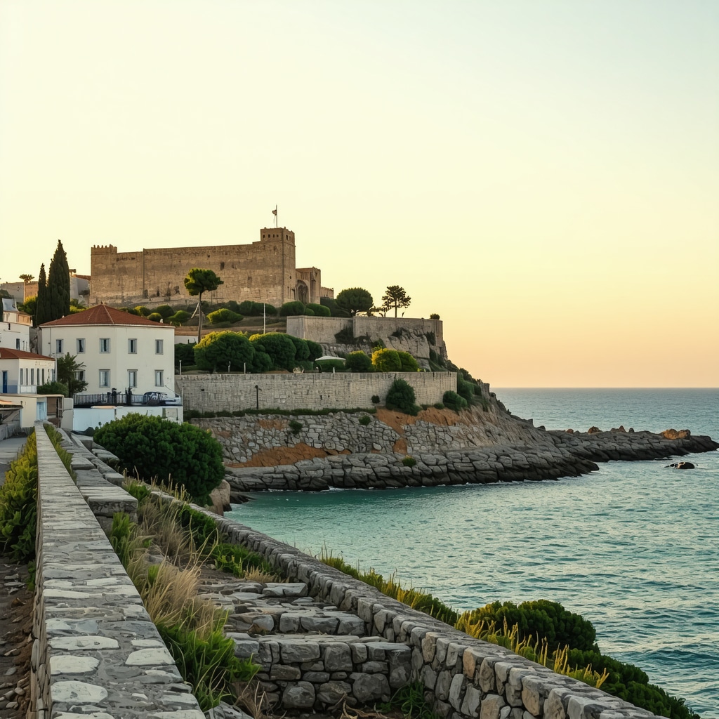 Panoramic view of Kavala coastline featuring Byzantine fortress and traditional Greek buildings at sunset