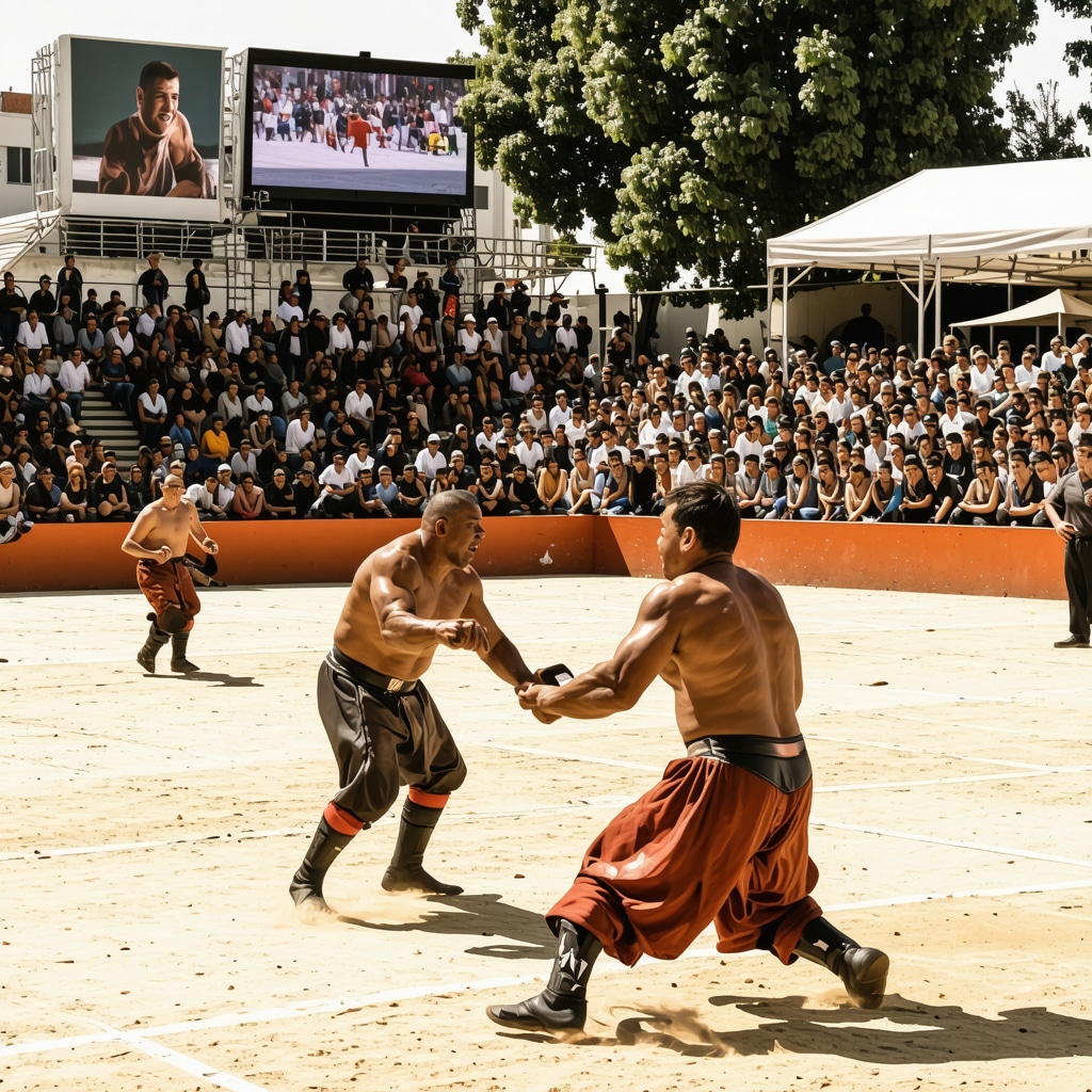 Traditional Turkish oil wrestlers competing at Kırkpınar festival with digital technology elements visible