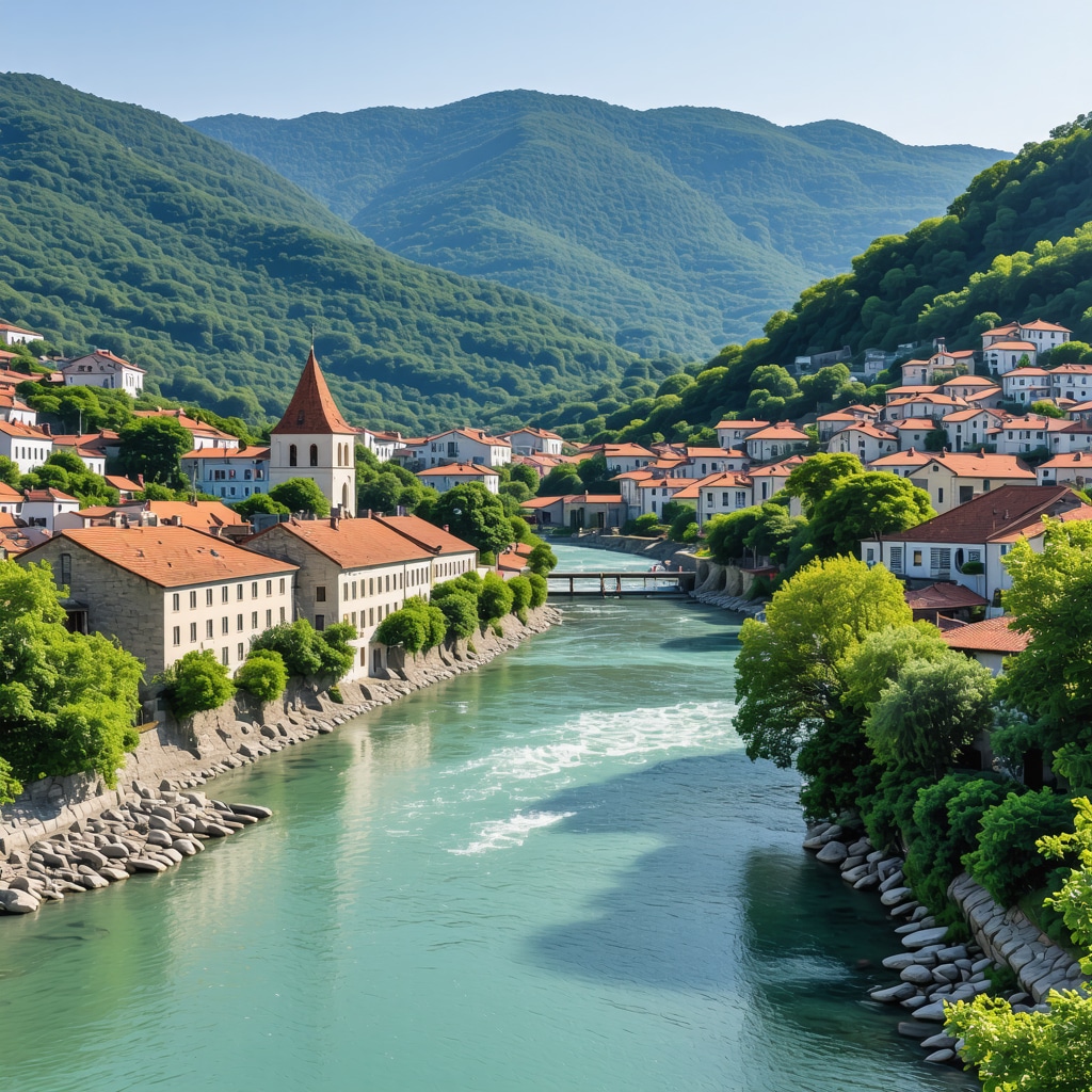 Panoramic view of Konjic showing historic Ottoman buildings alongside modern eco-friendly structures with mountains and Neretva river