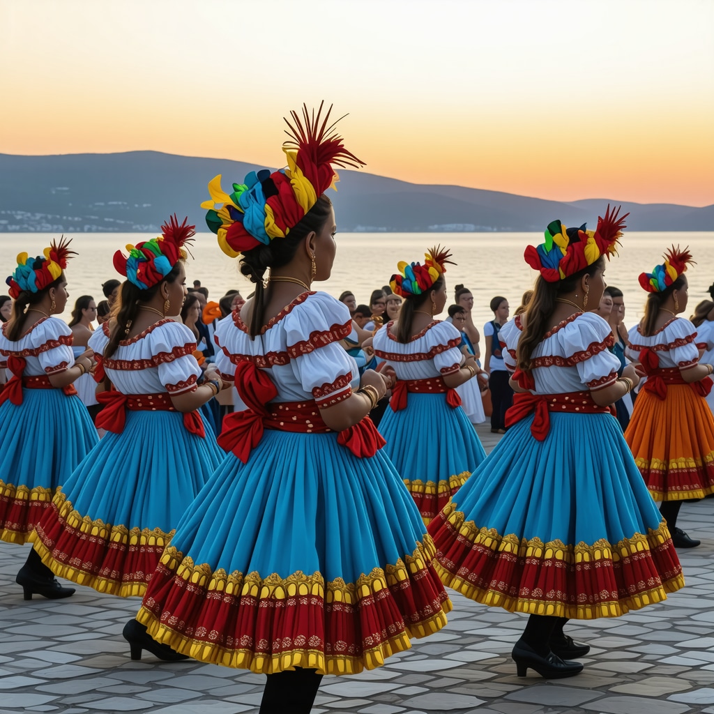 Korcula festival with traditional dancers and visitors using augmented reality apps against the Adriatic Sea at sunset