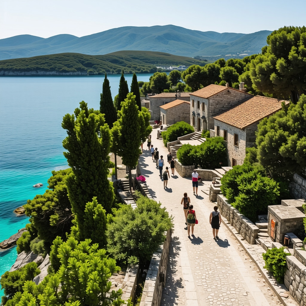 Aerial view of Korčula with reforested zones, coral reefs, and tourists using AR devices exploring medieval sites