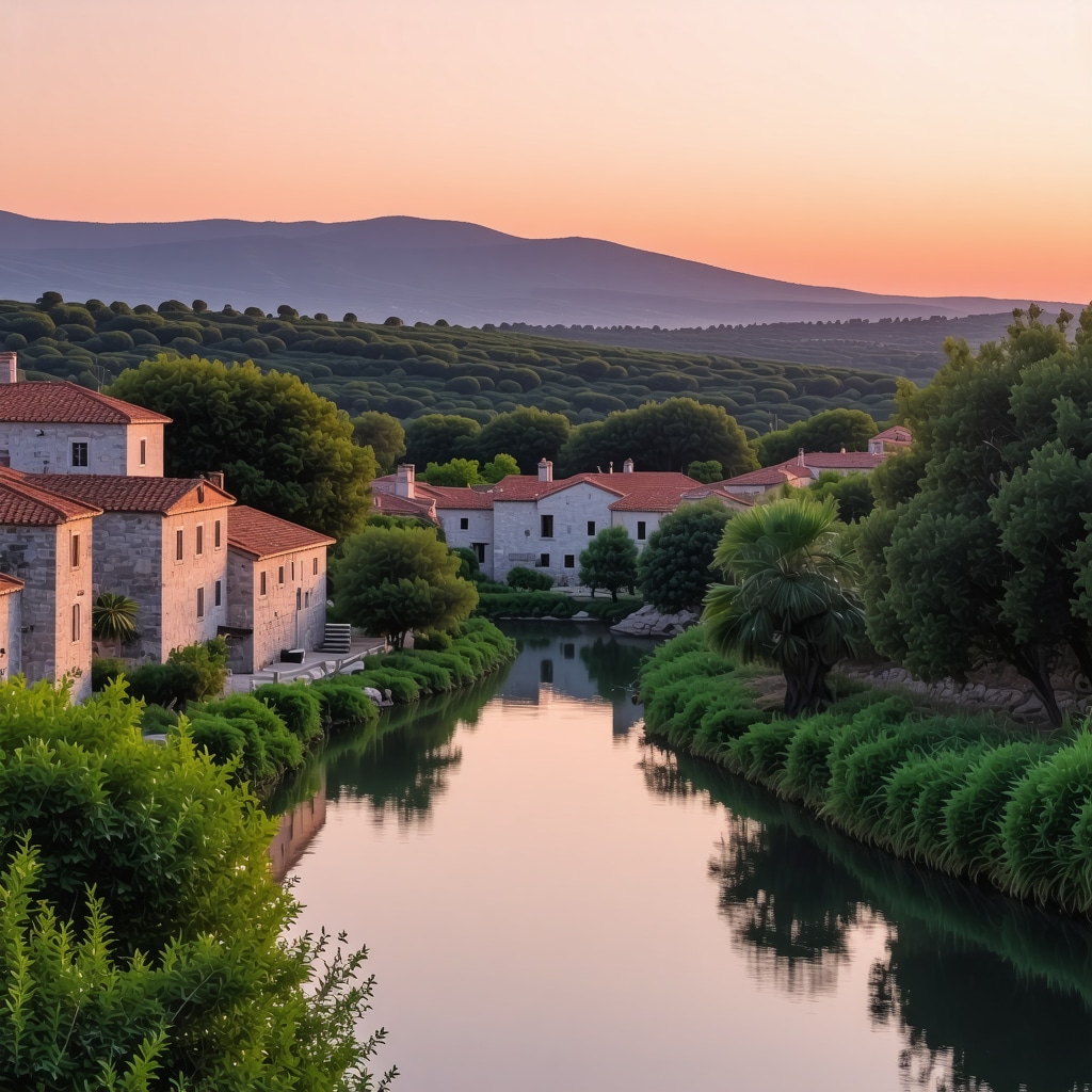 Panoramic view of Korcula's traditional stone houses and lush landscape at sunset