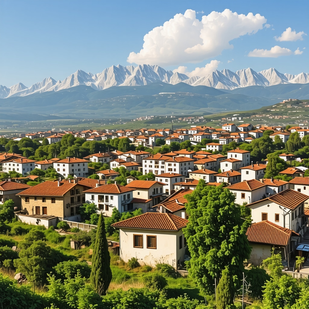 Panoramic view of Kruševo showing traditional Balkan buildings and augmented reality digital overlays highlighting cultural heritage