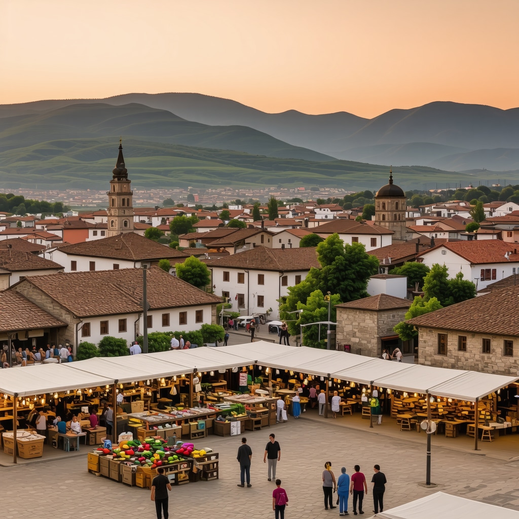 Panoramic sunset view of Krushevo featuring traditional Balkan houses, mountains, and tourists engaging with artisans in a vibrant market