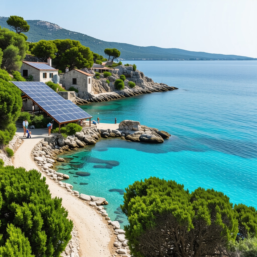 Ksamil coastal area showcasing eco-friendly tourism with solar panels and tourists on nature trails