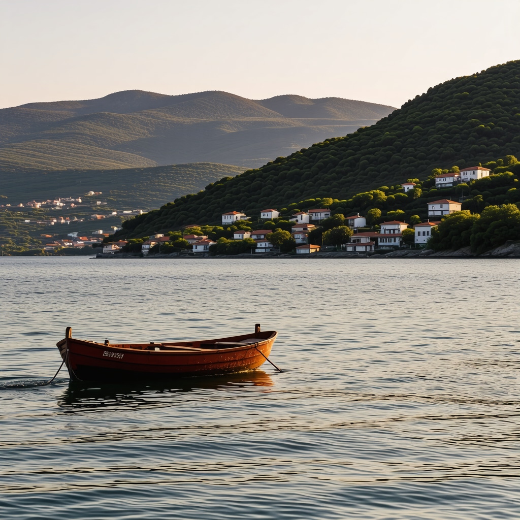 Panoramic sunset view of Lake Ohrid with eco-friendly boat and lakeside village