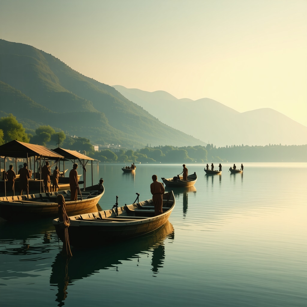 Lake Ohrid shore with traditional Albanian boats and locals during sunset