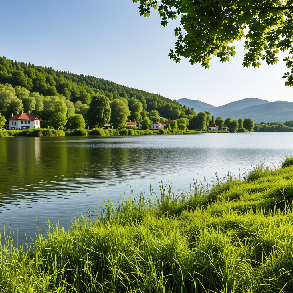 Lakeside view of Lake Srebrno with lush vegetation, birdwatchers, and traditional Balkan village