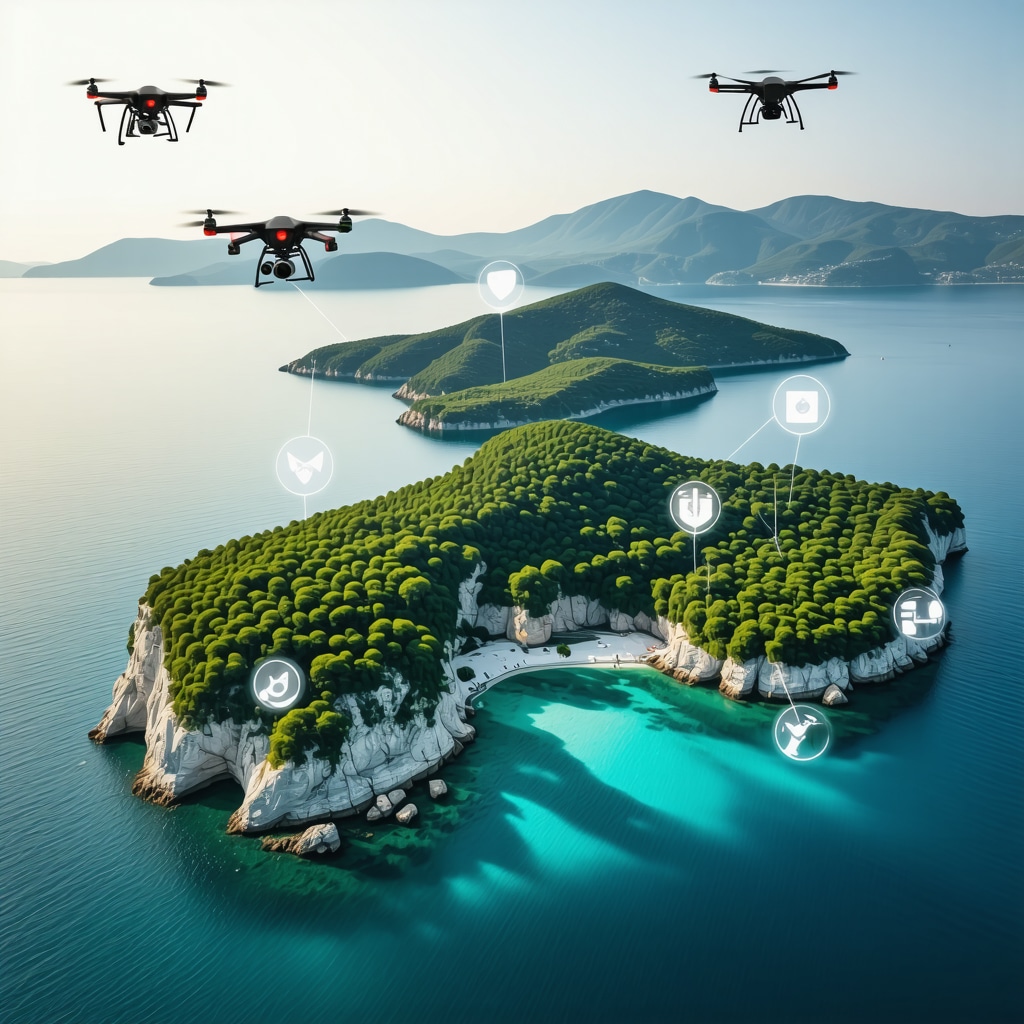 Aerial view of Lastovo island with digital technology icons representing sustainable tourism monitoring
