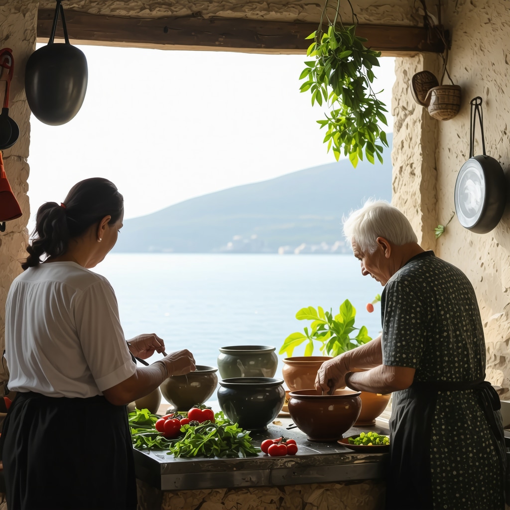 Traditional Albanian kitchen with locals cooking tavë kosi and fresh ingredients
