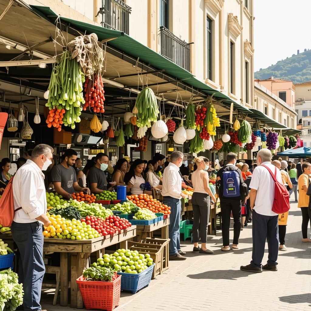 Bitola local market with colorful fresh vegetables, traditional Macedonian foods, and people interacting