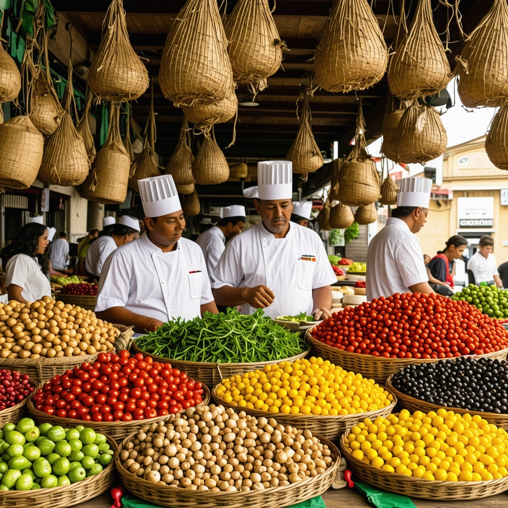 Colorful traditional market stalls in Iași with fresh Moldovan produce and chefs engaging with vendors and visitors