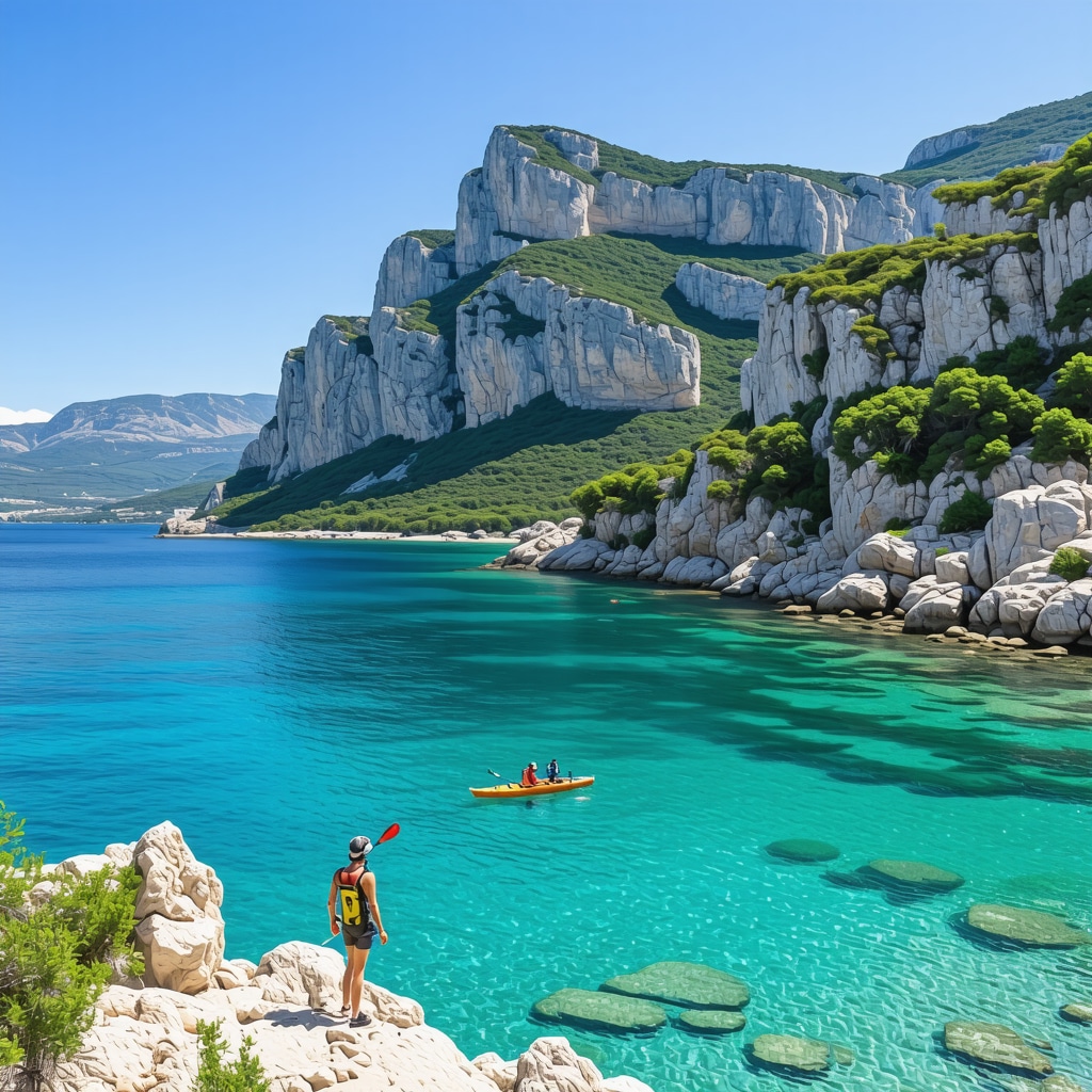 Panoramic view of Makarska coastline featuring mountains and people hiking and kayaking