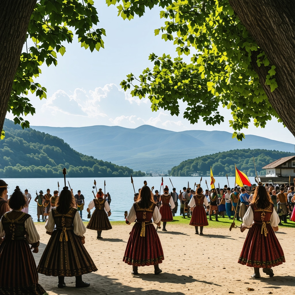 Medieval festival in Bled with dancers in traditional costumes and lake in background