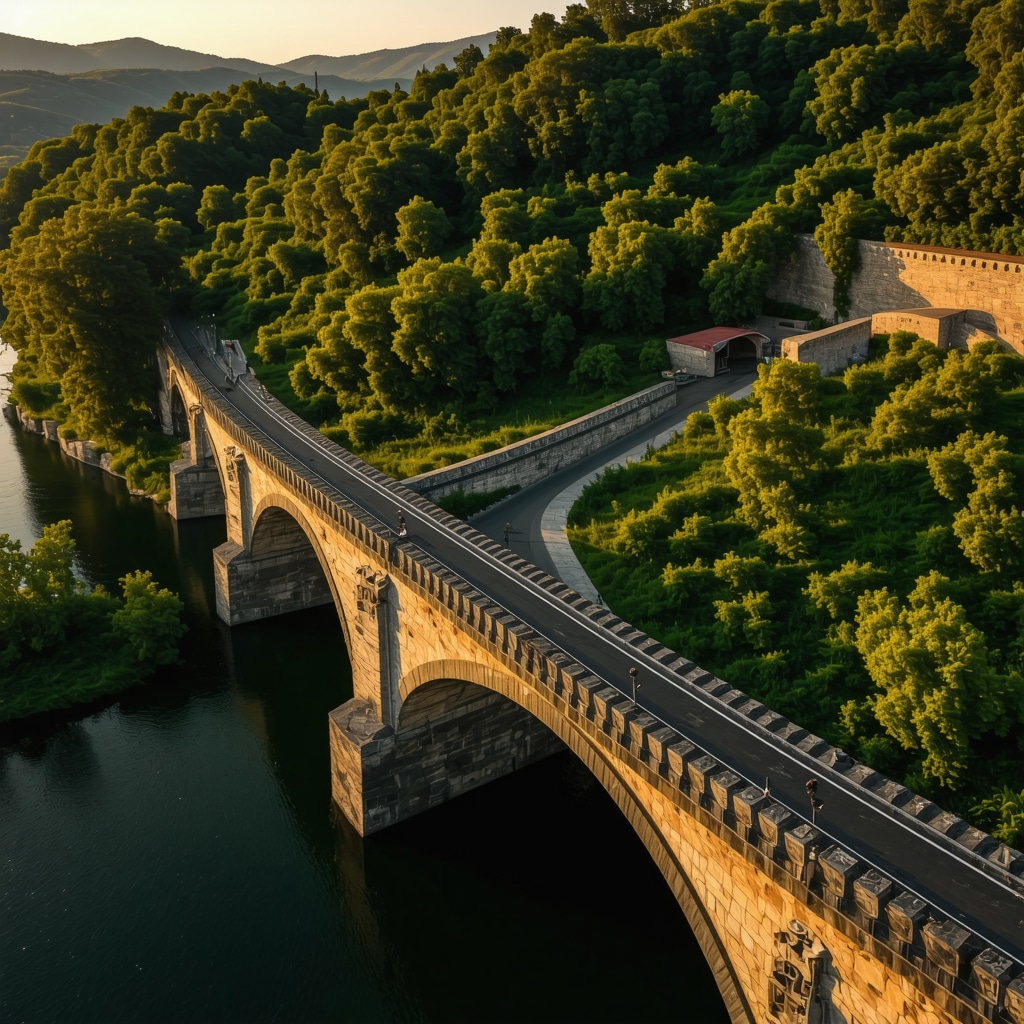 Historical Mehmed Paša Sokolović Bridge spanning Drina River surrounded by forest at sunset