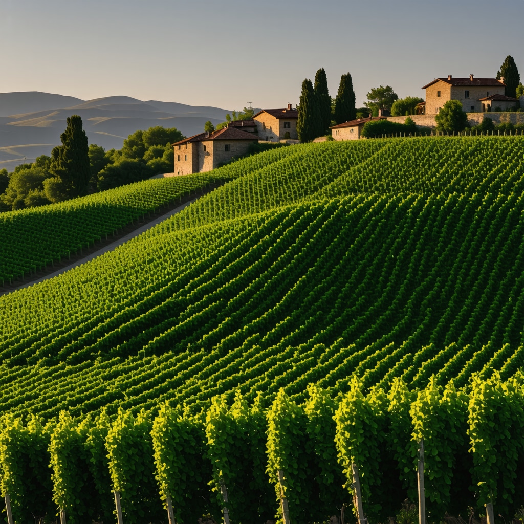 Panoramic view of terraced vineyards and traditional stone houses of Melnik at sunset
