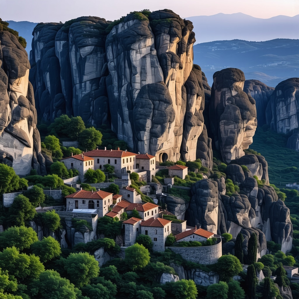 Panoramic view of Meteora monasteries on rock pillars during sunset