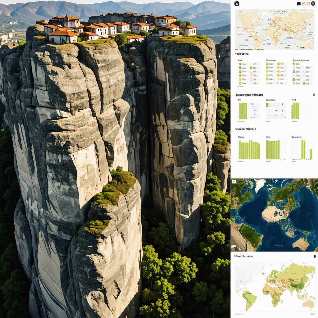 Aerial photograph of Meteora rock formations with digital visualization of AI-based environmental monitoring and sustainable tourism