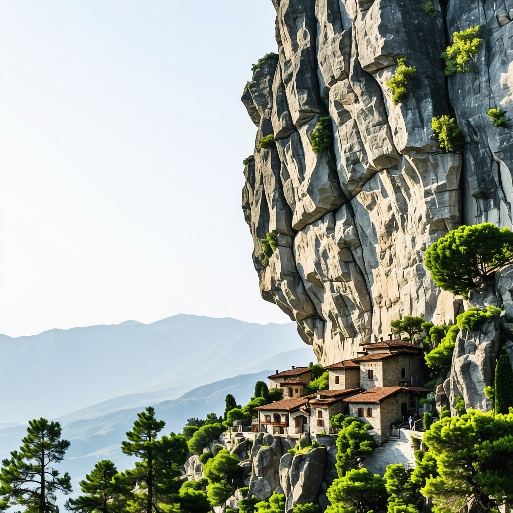 Panoramic view of Meteora monasteries combined with digital conservation technology illustrations