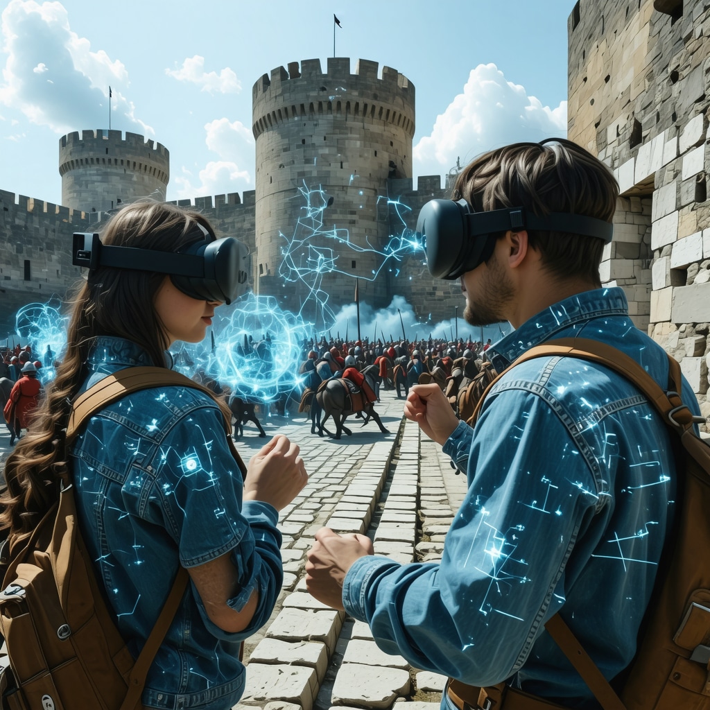 Tourists using mixed reality glasses at Smederevo Fortress interacting with digital medieval battle reconstructions