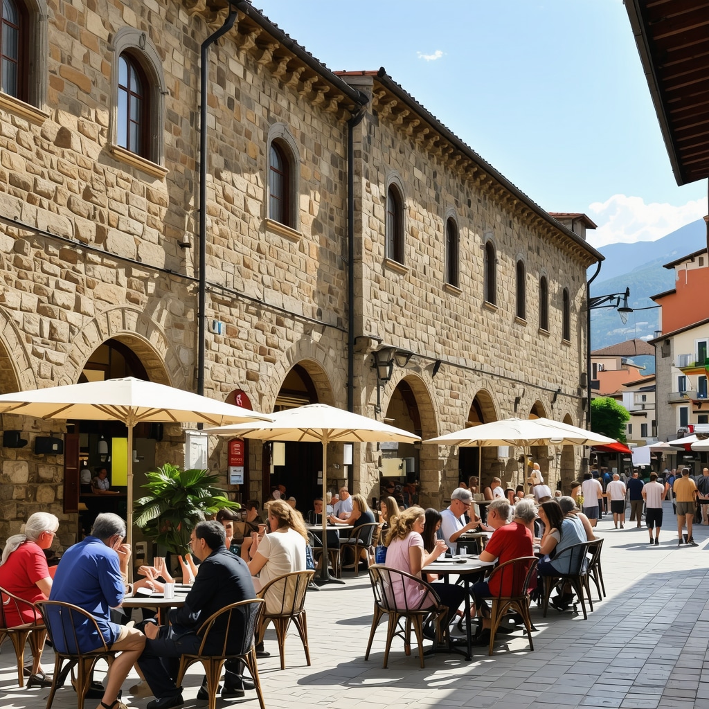 Street in Prizren showing Ottoman architecture, modern restorations, and tourists with digital guides