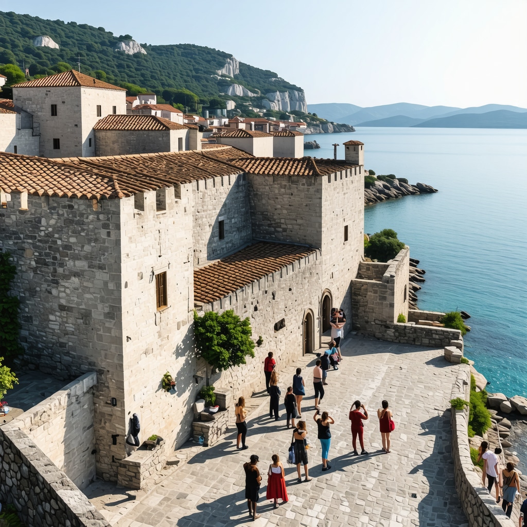 Aerial shot of Trogir showing medieval architecture and tourists engaging with augmented reality technology