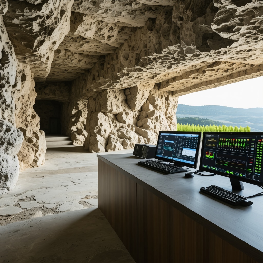 Digital monitoring and control systems inside traditional Melnik wine cellar