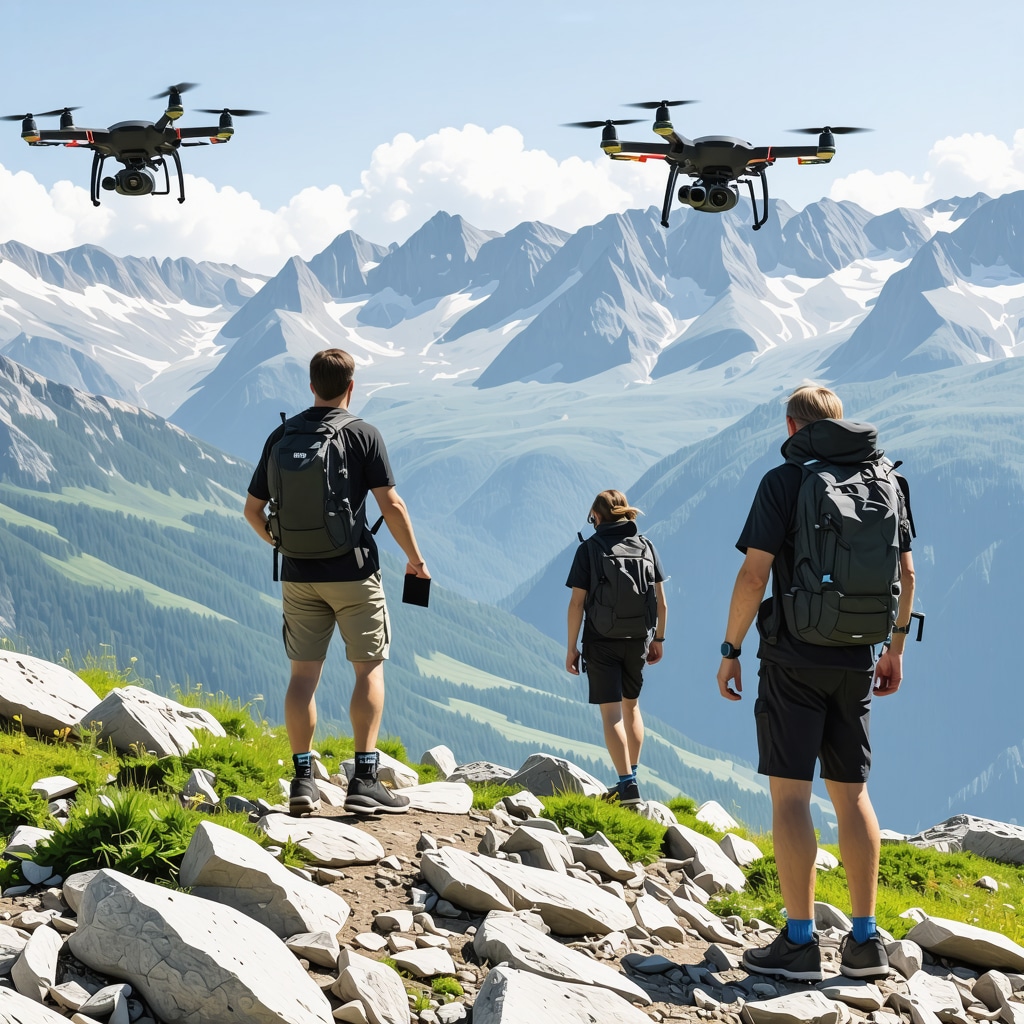 Hikers using GPS devices and drones over Montenegro's mountainous terrain