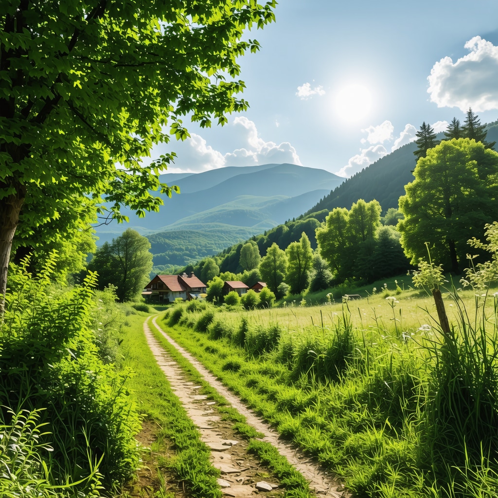 Scenic mountain trail in Zlatibor with green forests and traditional village