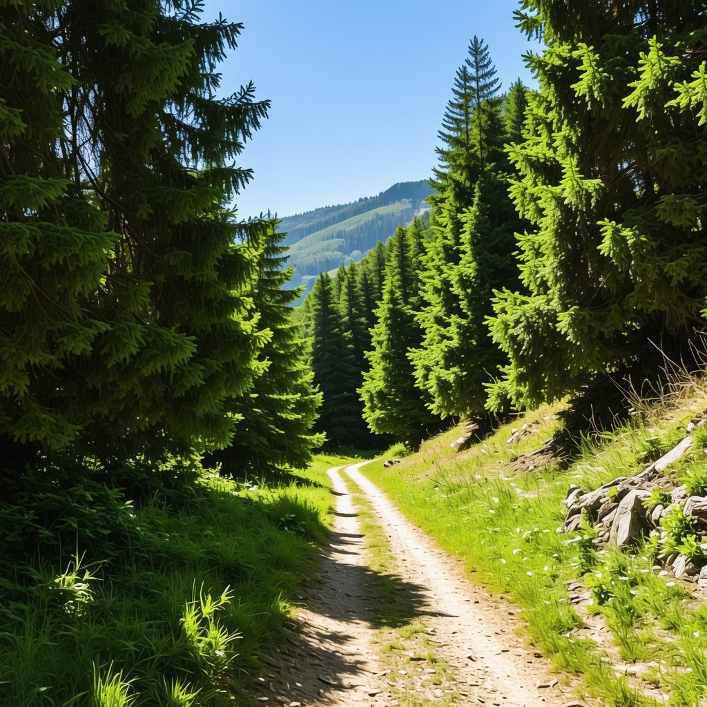 Sunlight filtering through pine trees along a mountain trail near Žabljak in Durmitor National Park