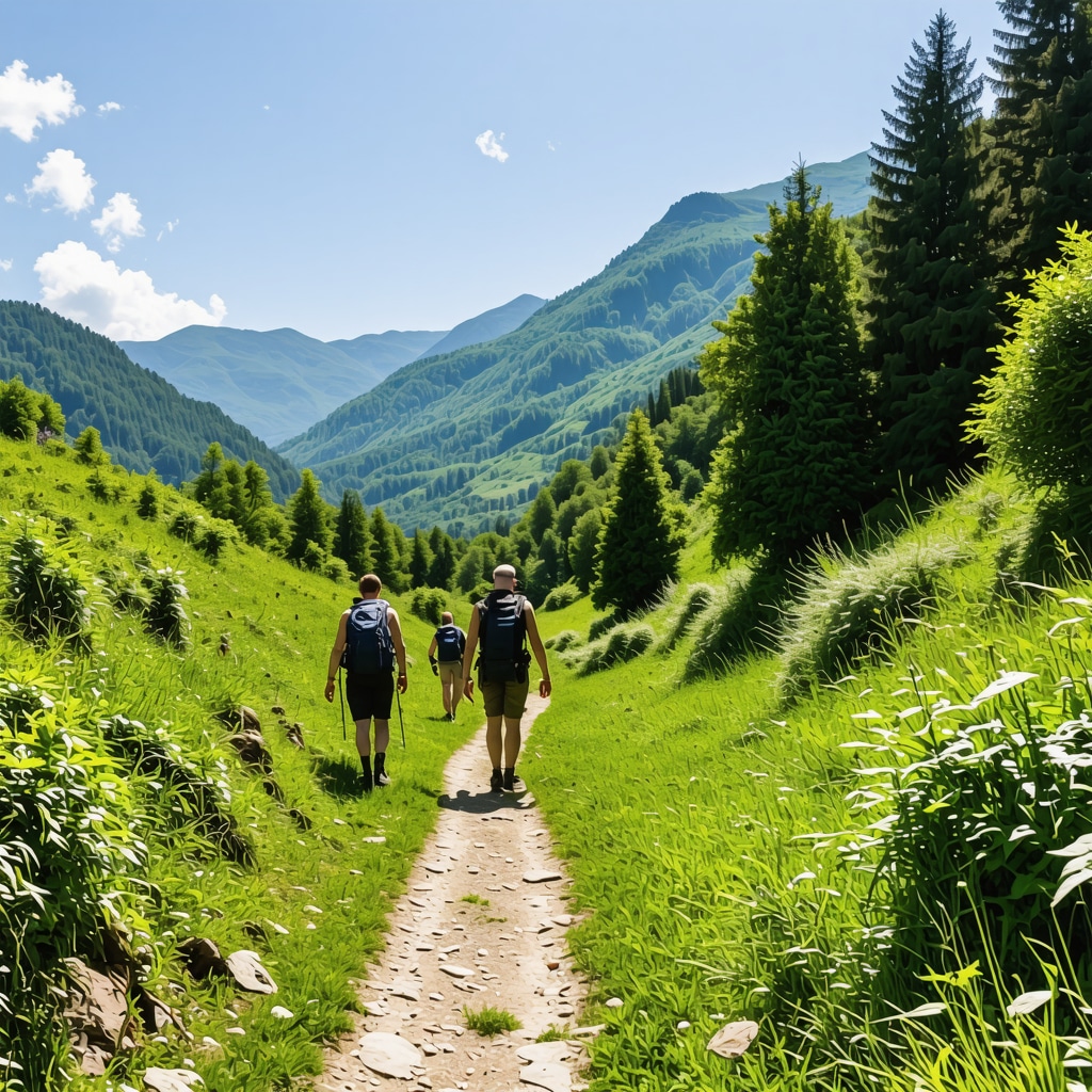 Hikers following a local guide on a green mountain trail in Mavrovo National Park