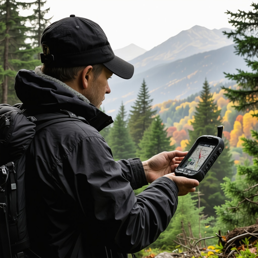 Hiker holding GPS device and compass on mountain trail with forest and mountain panorama in Brașov