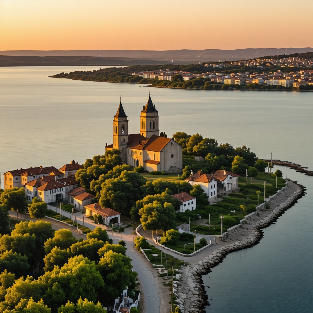 Aerial photograph showing Nesebar's historic old town peninsula surrounded by the Black Sea at sunset