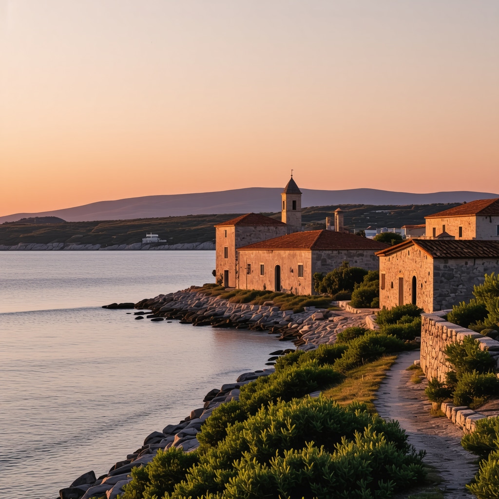 Historic town of Nin on the Adriatic coast with sunset and cultural ambiance