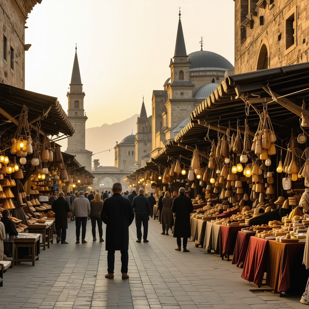 Street view of Novi Pazar bazaar with historic mosques and traditional stalls illuminated by warm sunset light