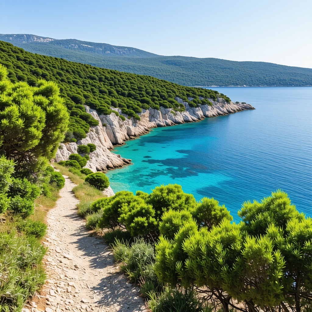 Panoramic view of pine forests, olive groves, and turquoise Adriatic sea from hiking trail on Hvar island