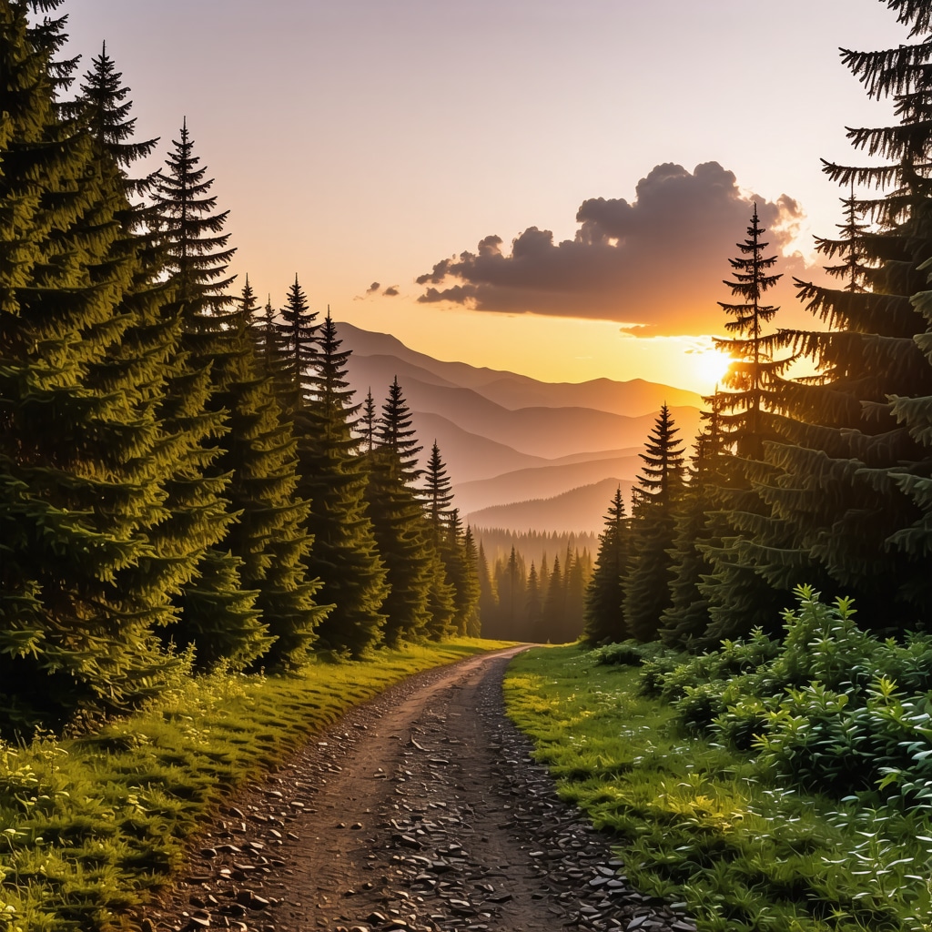 Mountain trail with dense coniferous forests and peaks in Bukulja National Park at sunset