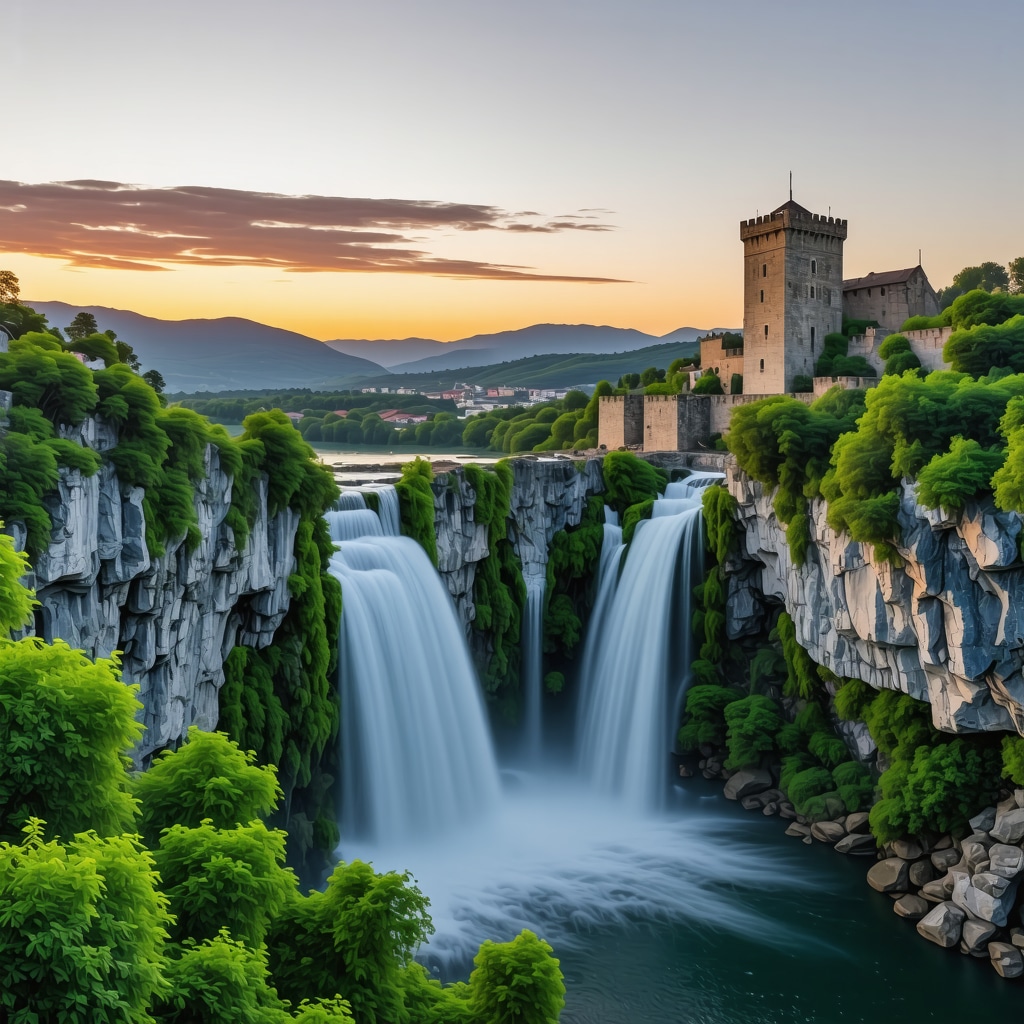 Panoramic view showcasing Jajce fortress and its cascading waterfall framed by lush greenery during sunset