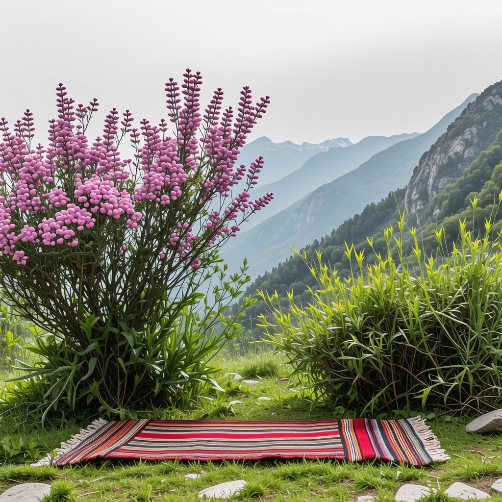 Prokletije Mountains panorama with Ramonda nathaliae flowers and traditional Balcan woven fabrics in foreground